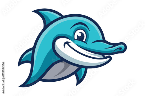 Cartoon blue dolphin with a cheerful smile swims gracefully towards the viewer