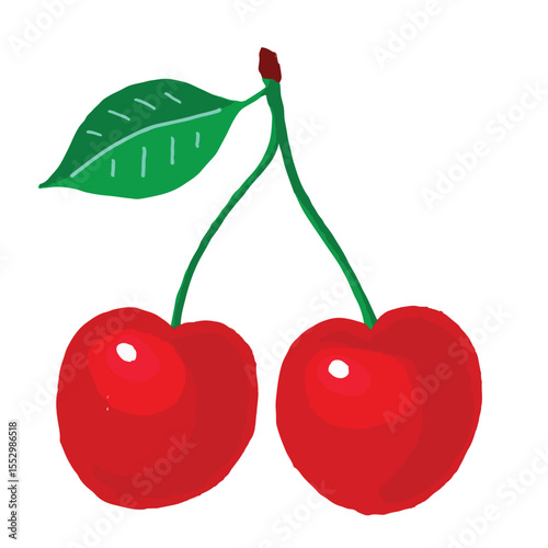 Glossy Cherries with Green Leaves – Vector Illustration
