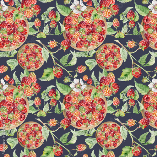 Raspberry berries, branches leaves served on ceramic dish, ripe picked harvest hand drawn in watercolor. Seamless pattern isolated on dark. Farmers market grocery menu, food packaging, wrapping paper