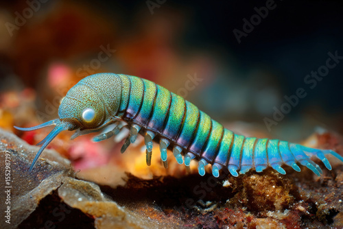 Opabinia with five eyes crawling on vibrant cambrian seafloor close-up