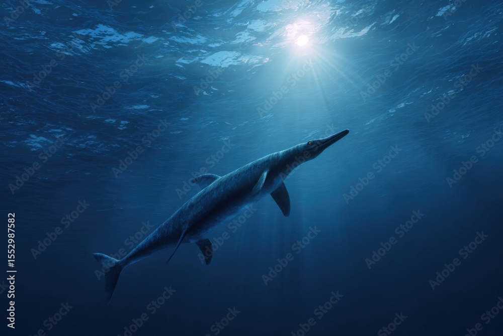 Naklejka premium Ichthyosaurus gliding through clear mesozoic ocean with sunlight filtering from above
