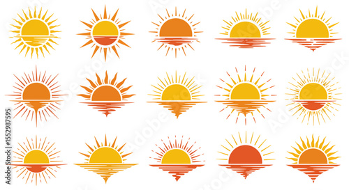 Variety of Sun Illustrations Over Water, symbolizing warmth and reflection