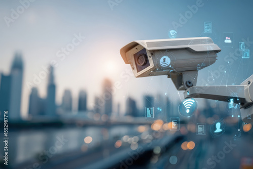 Futuristic cctv camera with digital network overlay in smart city skyline