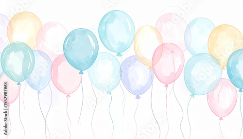 a collection of inflated objects floats upward on a plain backdrop. these colorful spheres, ranging in hues from light blue to pink and yellow, seem to be tethered by thin, string like lines