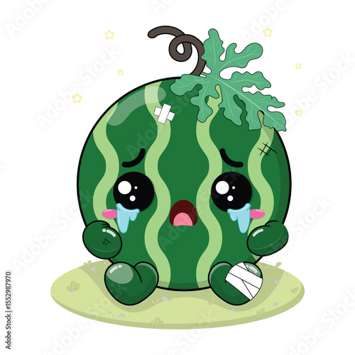 Sad And Crying Watermelon Cartoon Character With Wound On His Body Sitting On The Green Grass