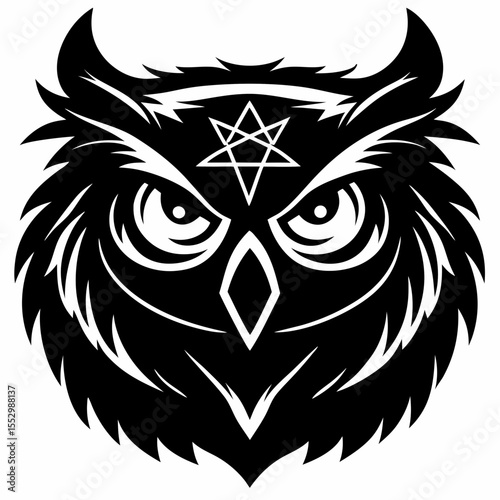 Dark Owl Head with Pentagram Fierce Avian Illustration