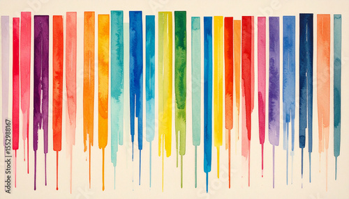the composition features a series of vertical bars arranged in a linear fashion across the scene. each bar is rendered in a different hue, spanning a spectrum of colors