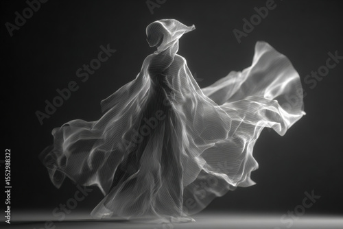 Flowing fabric silhouette in motion resembling ghostly dancer with ethereal elegance
