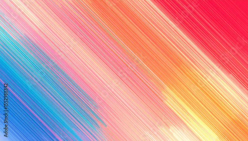the image presents an abstract design filled with parallel, diagonal strokes of color. the palette transitions from hues of blue and pink on one side to shades of orange and red on the other