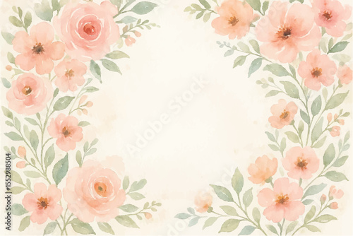 Vintage floral background with romantic pink roses, elegant frame, and decorative hearts for a wedding or Valentine's Day card design