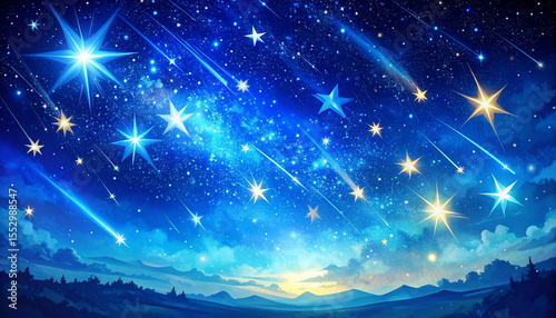 the scene is a vibrant nightscape filled with stars and celestial activity