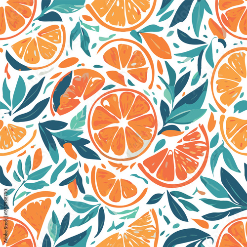 Seamless orange fruit pattern. A lively and colorful repeat pattern featuring hand-drawn oranges, leaves, and blossoms. Perfect for summer prints, packaging, fabrics, and wallpapers.