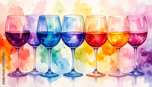 the watercolor image presents a sequence of stemmed glasses, each partially filled with liquid in a different vibrant hue, spanning from dark to light shades of red, violet, and blue