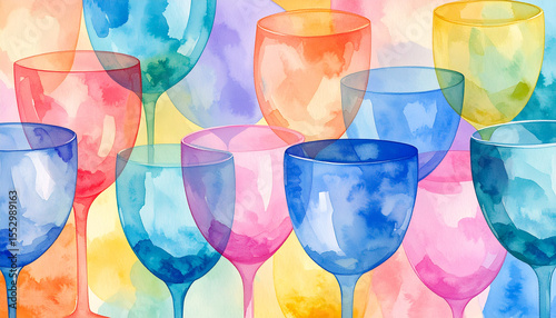 the artwork presents a collection of clear, stemmed glasses filled with watercolor textures in vibrant hues