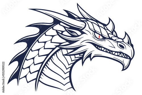 Majestic dragon head with crimson eye shows detailed scales in bold outline