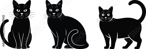 Black cat silhouette vector set, collection of sitting and standing cat icon in black isolated style for design
