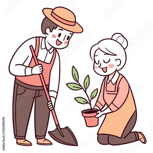 A couple happily planting a small green tree in a garden on a sunny day