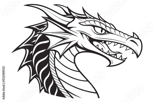 Black and white dragon head shows sharp teeth in detailed contouring artwork
