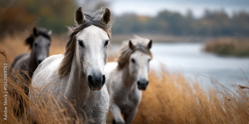 Fototapeta Horses running through tall grass near a calm river on a cloudy afternoon