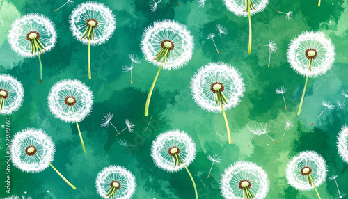 the scene is an all over pattern featuring fluffy seed heads on a vibrant green background. delicate stems support the seed heads, adding a vertical element to the arrangement
