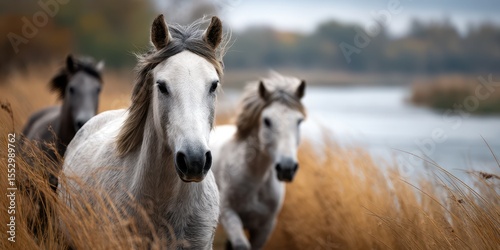Horses running through tall grass near a calm river on a cloudy afternoon