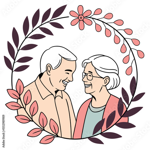 A Loving Portrait of an Elderly Couple Embraced by a Floral Wreath