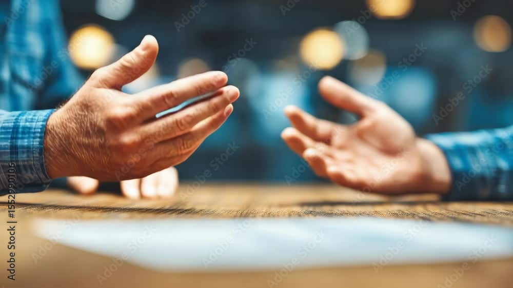 Close-up of two businessman engaged in an animated discussion at a wooden table, highlighting communication and teamwork in a professional setting.