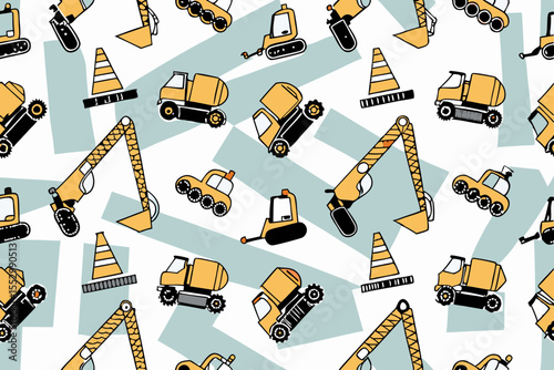 Construction Vehicle Seamless Pattern. Excavator Seamless Repeat Design. Boys Seamless Pattern
