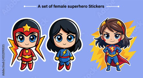 Three Adorable Female Superhero Cartoon Stickers with Lightning Bolts on a Light Purple Background