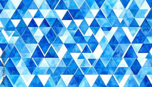 the image showcases a pattern of closely arranged, varying shades of blue triangles. the arrangement creates an interwoven design with white triangles appearing among the colored shapes