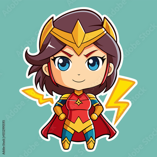 Cute Chibi Superheroine Cartoon Character with Lightning Bolts on a Light Blue Background