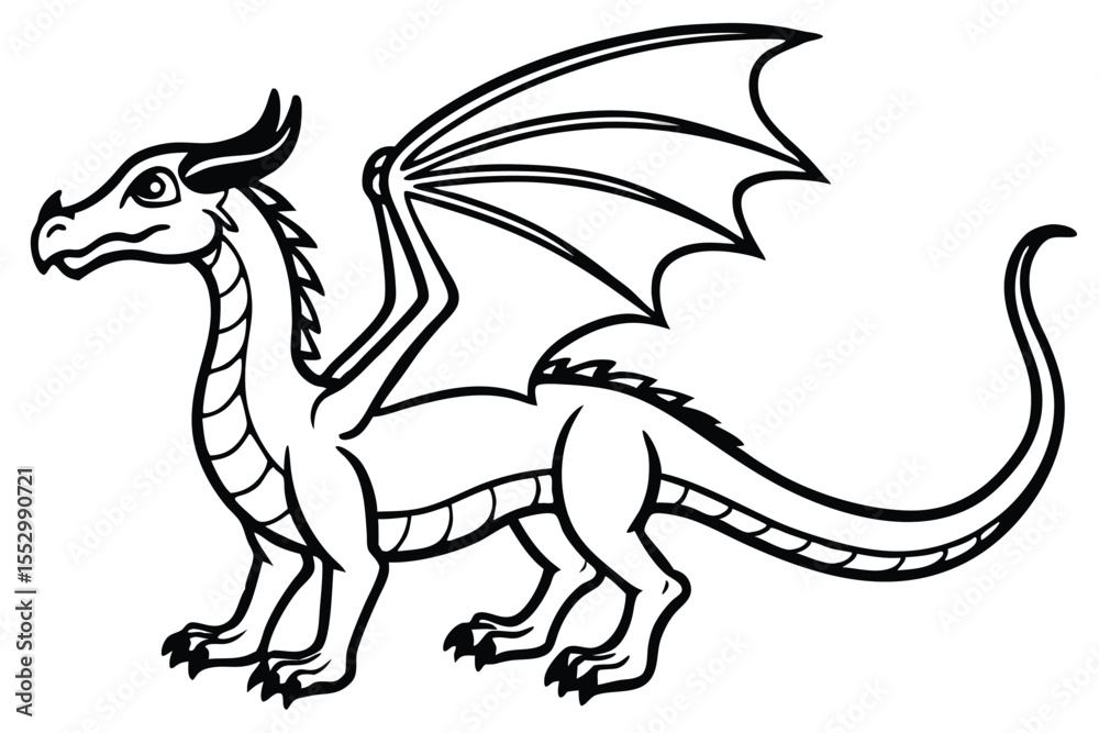 Fototapeta premium Outlined cartoon dragon with horns and spiky tail stands calmly in black and white