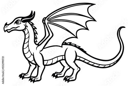 Outlined cartoon dragon with horns and spiky tail stands calmly in black and white