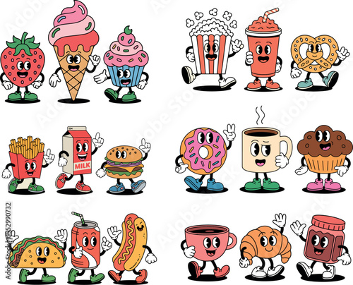 s an assortment of food and drink items designed as whimsical retro cartoon characters. From a waving hot dog to a happy coffee cup, each character has expressive eyes and limbs.