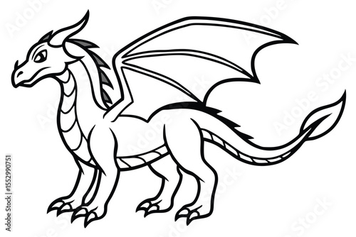 Winged dragon stands in a side profile with striking bold outlines against a stark white background