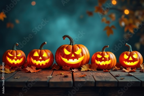 Row of Glowing Jack o Lanterns on a Wooden Surface with Autumn Leaves and a Dark Background