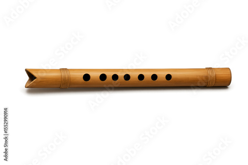Light Brown Wooden Flute with V-Shaped Mouthpiece and Seven Finger Holes – Smooth Handmade Instrument with Decorative Grooves, Isolated on Neutral Gradient Background