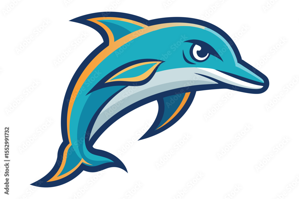 Fototapeta premium Stylized turquoise dolphin swimming with orange accents and a determined expression floats in vector