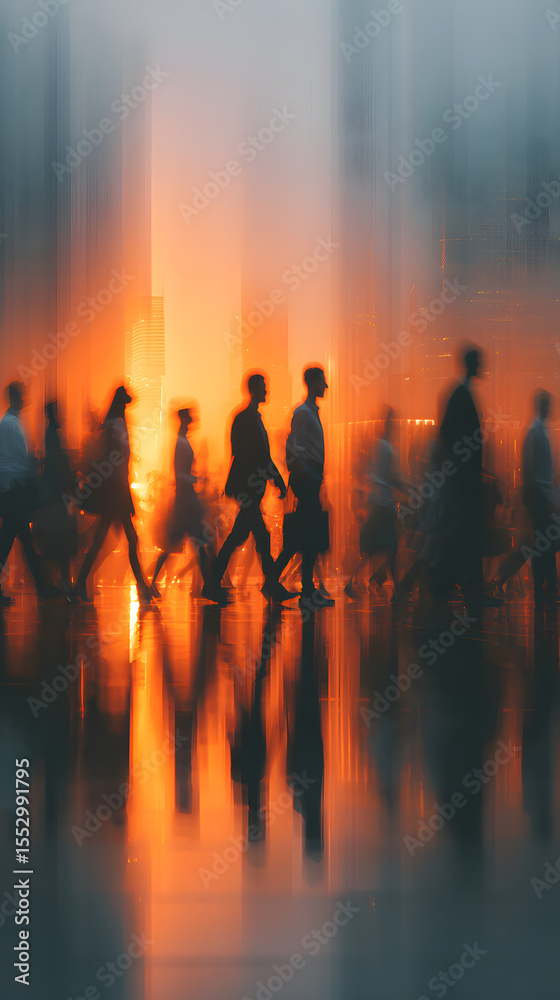 Fototapeta premium The concept of sustainability in business centers, crowds of business people walking at a corporate office in a green city downtown, abstract motion blur image with blurred background,&nbsp;