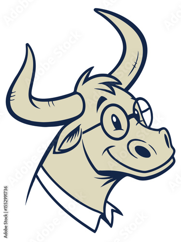 Intelligent Bull Character with Glasses and Blue Outline Wearing a White Shirt