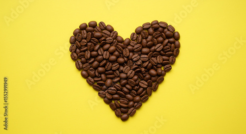Coffee beans in shape of heart on yellow background.ai generated