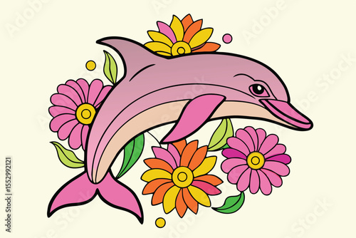 Pink dolphin peers out among the vibrant, multicolored flowers in this stylized, charming scene