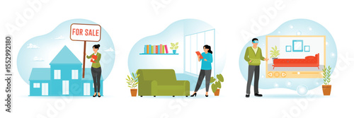 Real Estate Agent Holding For Sale Sign. Home Staging. Virtual Tour.