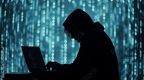 Silhouette of hooded hacker using laptop against digital background. Cyber security concept.