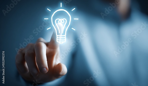 High quality photo of businessman touching a glowing light bulb, representing innovation, creative thinking, and inspiration. The concept is displayed on a virtual screen.