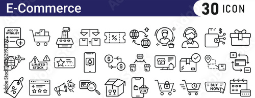 E commerce Icon Set Depicting Shopping Delivery. Includes E-Commerce, Stores, Malls, Products, Customers, and more.
