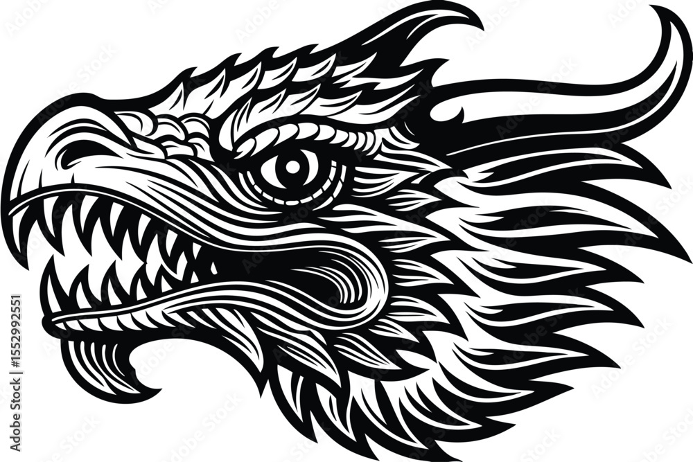 Obraz premium Detailed dragon head displays scales, horns, and sharp teeth in a bold design