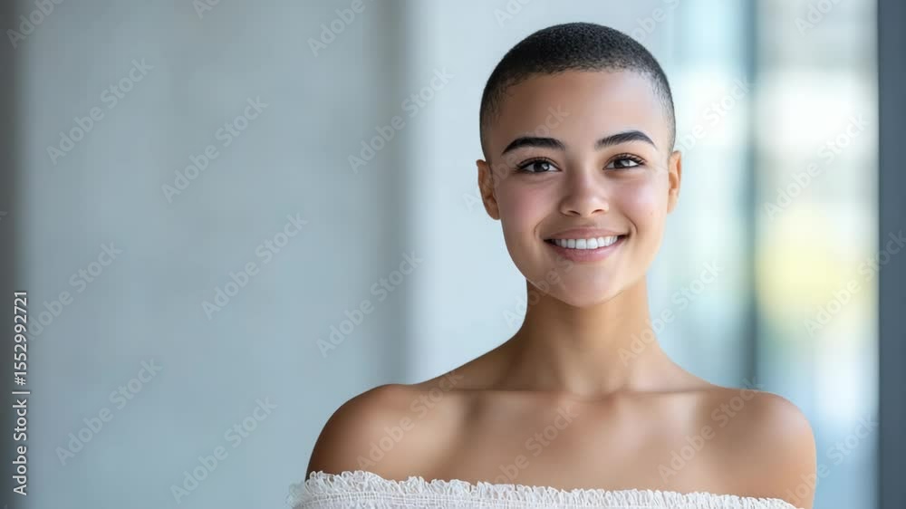 close  up face young Mexican woman with no make up with skinhead hairstyle smiling peacefully at camera, self-assure and unique concept