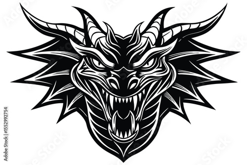 A fearsome dragon head with sharp teeth and wide wings is illustrated in monochrome