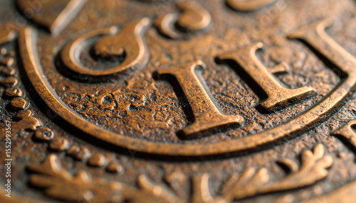 Antique Emblem Detail: A close-up shot of a detailed emblem reveals the craftsmanship, texture, and history embedded in the metallic surface.